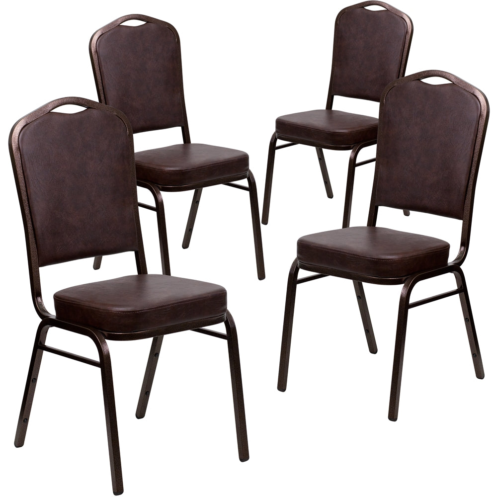 4 Pk. HERCULES Series Crown Back Stacking Banquet Chair with Brown Vinyl and 2.5'' Thick Seat - Copper Vein Frame