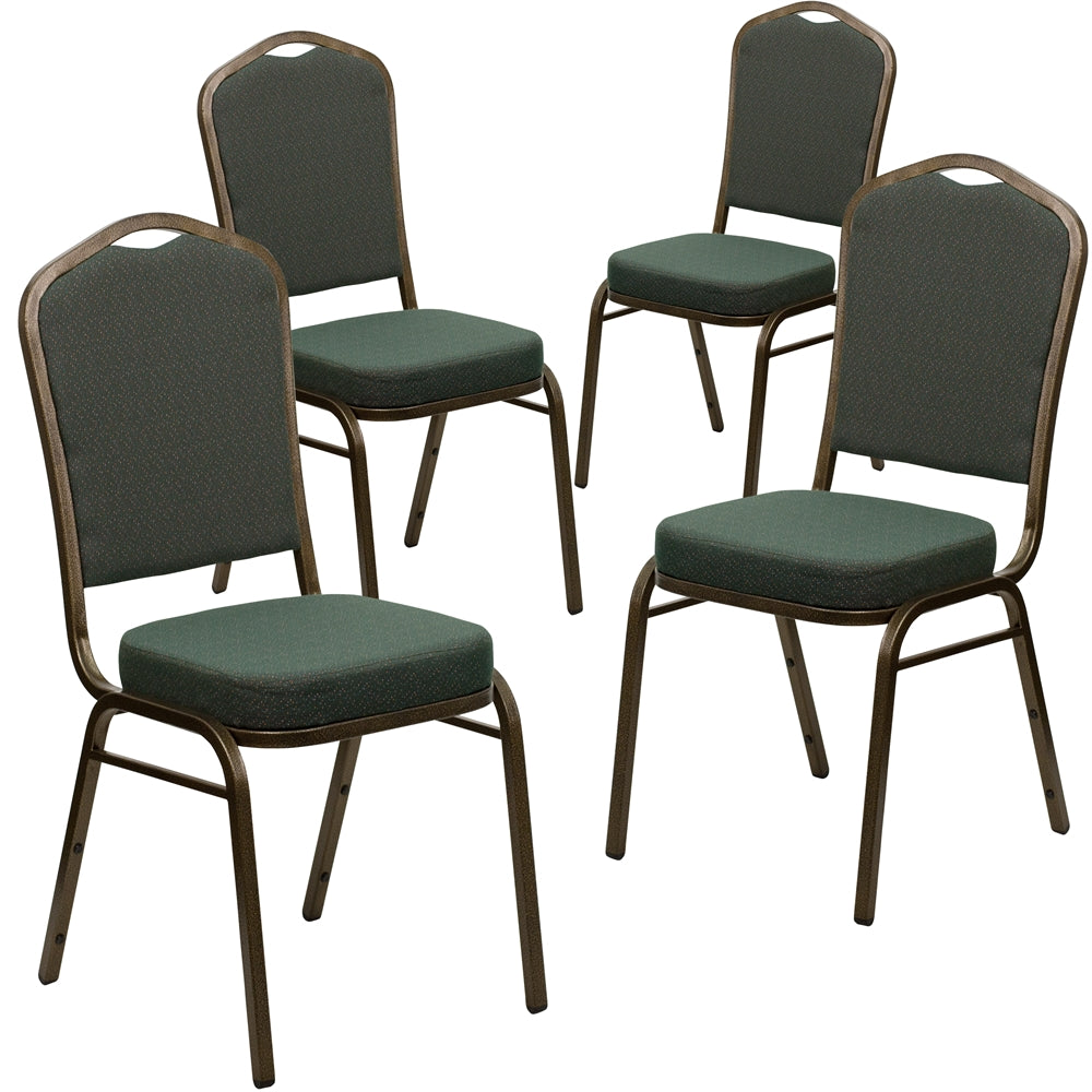 4 Pk. HERCULES Series Crown Back Stacking Banquet Chair with Green Patterned Fabric and 2.5'' Thick Seat - Gold Vein Frame