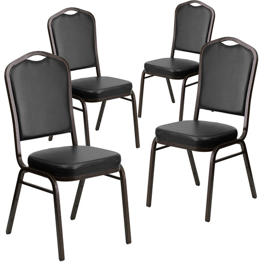 4 Pk. HERCULES Series Crown Back Stacking Banquet Chair with Black Vinyl and 2.5'' Thick Seat - Gold Vein Frame