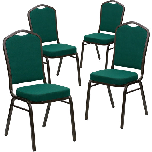 4 Pk. HERCULES Series Crown Back Stacking Banquet Chair with Green Fabric and 2.5'' Thick Seat - Gold Vein Frame