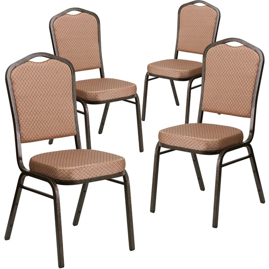 4 Pk. HERCULES Series Crown Back Stacking Banquet Chair with Gold Diamond Patterned Fabric and 2.5'' Thick Seat - Gold Vein Frame