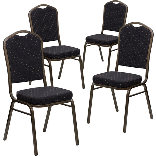 4 Pk. HERCULES Series Crown Back Stacking Banquet Chair with Black Patterned Fabric and 2.5'' Thick Seat - Gold Vein Frame