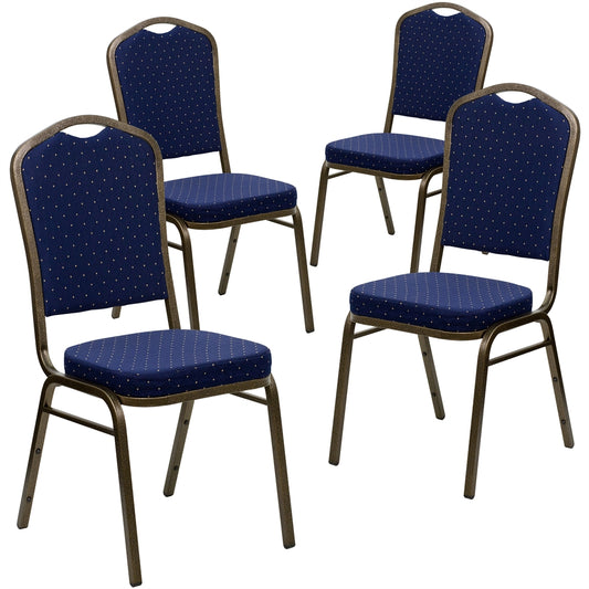 4 Pk. HERCULES Series Crown Back Stacking Banquet Chair with Navy Blue Patterned Fabric and 2.5'' Thick Seat - Gold Vein Frame