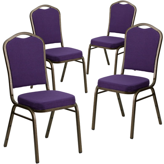 4 Pk. HERCULES Series Crown Back Stacking Banquet Chair with Purple Fabric and 2.5'' Thick Seat - Gold Vein Frame