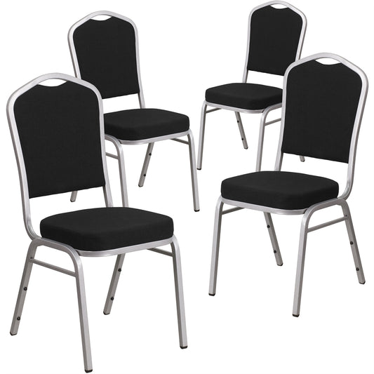 4 Pk. HERCULES Series Crown Back Stacking Banquet Chair with Black Fabric and 2.5'' Thick Seat - Silver Frame