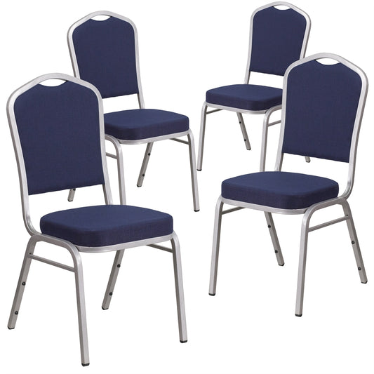 4 Pk. HERCULES Series Crown Back Stacking Banquet Chair with Navy Fabric and 2.5'' Thick Seat - Silver Frame