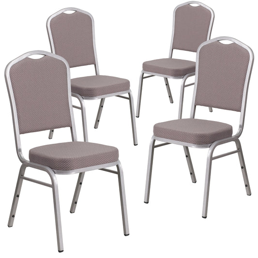 4 Pk. HERCULES Series Crown Back Stacking Banquet Chair with Gray Dot Fabric and 2.5'' Thick Seat - Silver Frame