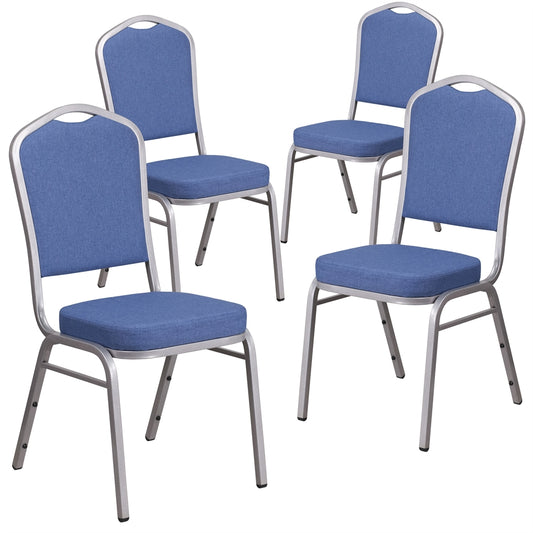 4 Pk. HERCULES Series Crown Back Stacking Banquet Chair with Blue Fabric and 2.5'' Thick Seat - Silver Frame