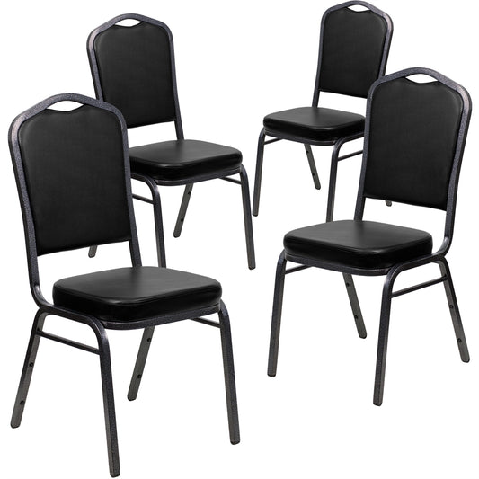 4 Pk. HERCULES Series Crown Back Stacking Banquet Chair with Black Vinyl and 2.5'' Thick Seat - Silver Vein Frame