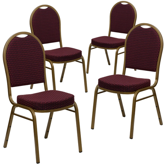 4 Pk. HERCULES Series Dome Back Stacking Banquet Chair with Burgundy Patterned Fabric and 2.5'' Thick Seat - Gold Frame