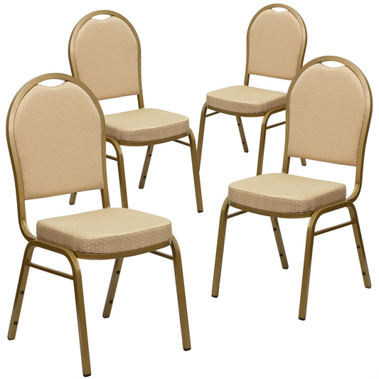 4 Pk. HERCULES Series Dome Back Stacking Banquet Chair with Beige Patterned Fabric and 2.5'' Thick Seat - Gold Frame