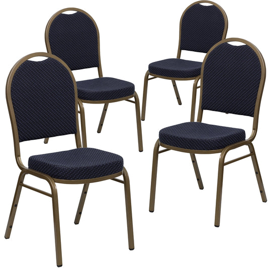 4 Pk. HERCULES Series Dome Back Stacking Banquet Chair with Navy Patterned Fabric and 2.5'' Thick Seat - Gold Frame