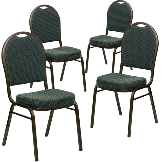 4 Pk. HERCULES Series Dome Back Stacking Banquet Chair with Green Patterned Fabric and 2.5'' Thick Seat - Gold Vein Frame