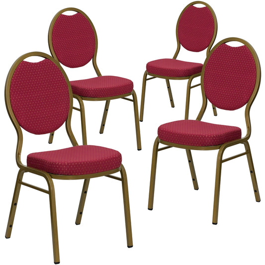 4 Pk. HERCULES Series Teardrop Back Stacking Banquet Chair with Burgundy Patterned Fabric and 2.5'' Thick Seat - Gold Frame