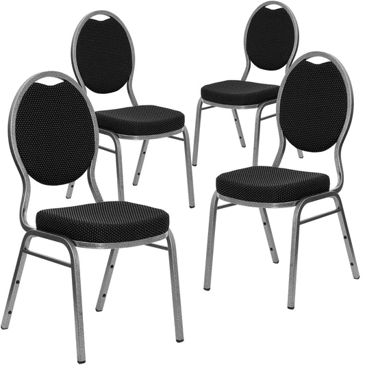 4 Pk. HERCULES Series Teardrop Back Stacking Banquet Chair with Black Patterned Fabric and 2.5'' Thick Seat - Silver Vein Frame