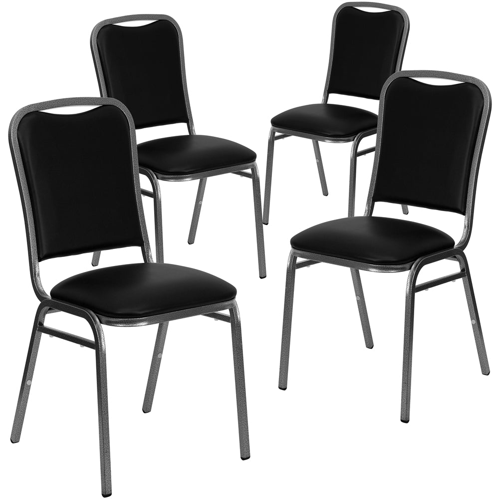 4 Pk. HERCULES Series Stacking Banquet Chair with Black Vinyl and 1.5'' Thick Seat - Silver Vein Frame