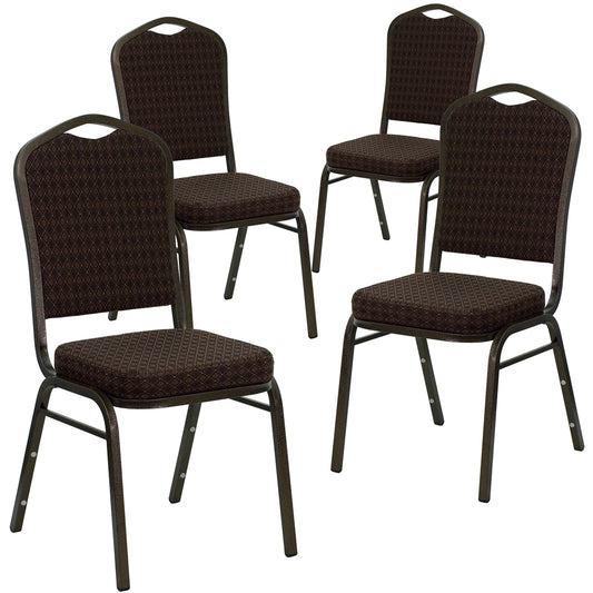 4 Pk. HERCULES Series Crown Back Stacking Banquet Chair with Brown Patterned Fabric and 2.5'' Thick Seat - Gold Vein Frame