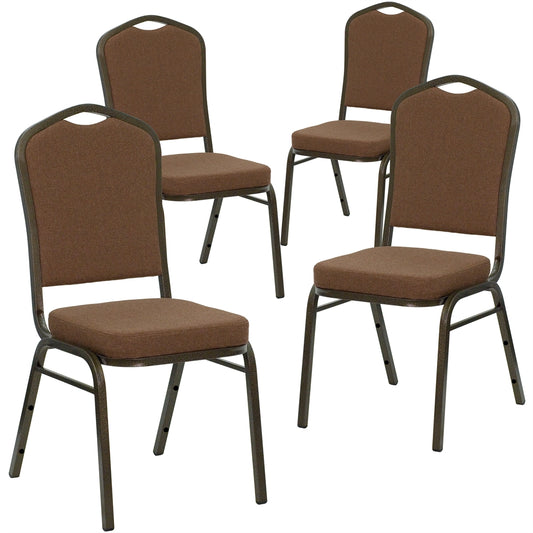 4 Pk. HERCULES Series Crown Back Stacking Banquet Chair with Coffee Fabric and 2.5'' Thick Seat - Gold Vein Frame