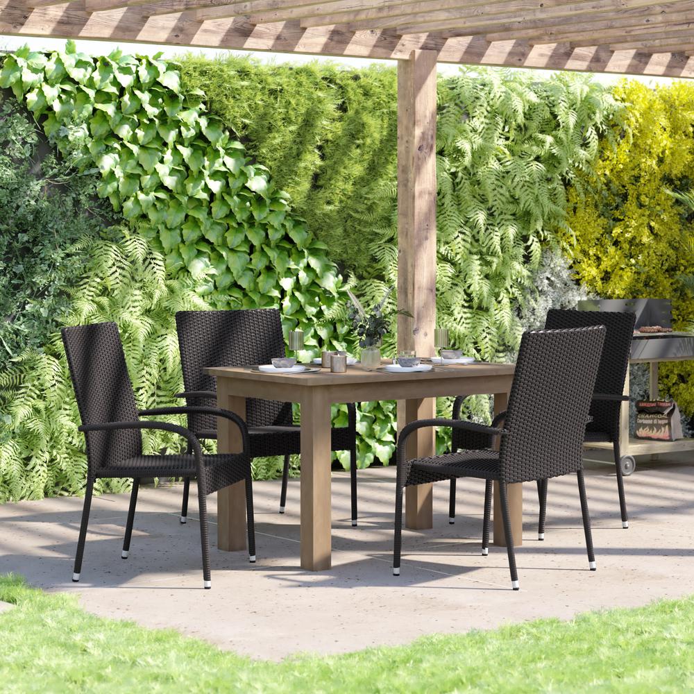 Maxim Set of 4 Stackable Indoor/Outdoor Wicker Dining Chairs with Arms - Fade & Weather-Resistant Steel Frames - Black