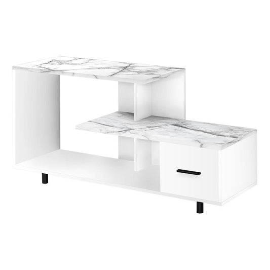 TV STAND - 48"L / WHITE / WHITE MARBLE TOP / 1 DRAWER