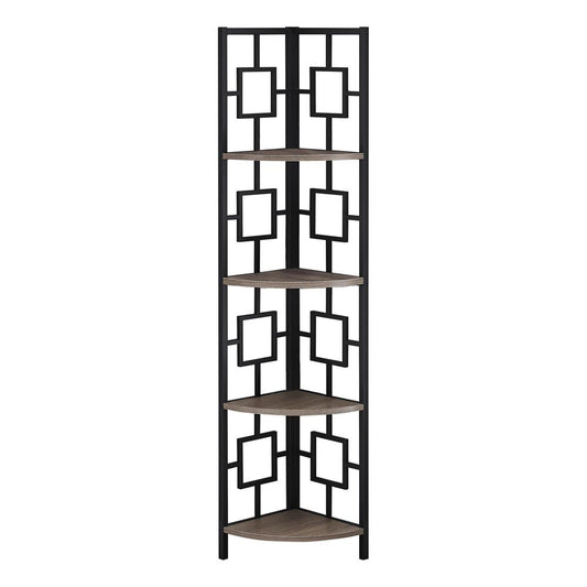 BOOKCASE - 62"H - DARK TAUPE / BLACK METAL CORNER ETAGERE