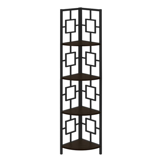 BOOKCASE - 62"H / ESPRESSO / BLACK METAL CORNER ETAGERE