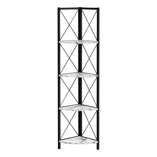 BOOKCASE - 60"H / WHITE MARBLE / BLACK METAL CORNER