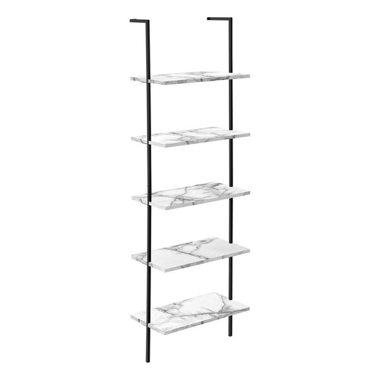 BOOKCASE - 72"H LADDER WHITE MARBLE / BLACK METAL