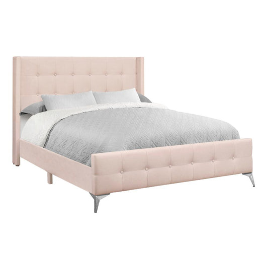 "Bed, Queen Size, Bedroom, Upholstered, Pink Velvet, Chrome Metal Legs"