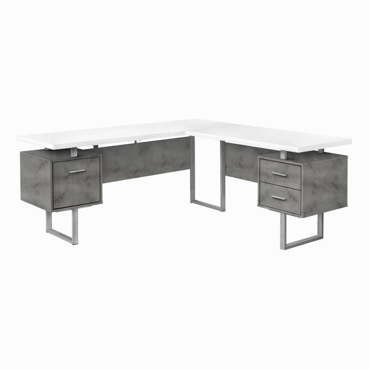 COMPUTER DESK - 70""L / WHITE/ CONCRETE/ SILVER METAL/ L/R"