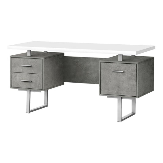 COMPUTER DESK - 60""L / WHITE/ GREY CONCRETE/ SILVER METAL"