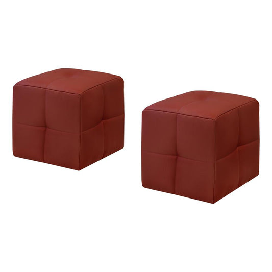 Children's Cube-Shaped Biscuit-Tufted Pouf - Set of 2 - Upholstered Kids' Ottoman, 12"H, Red Leather-Look