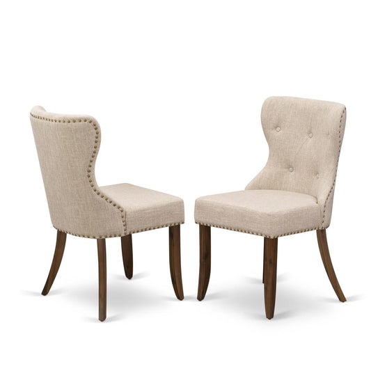 East West Furniture - Set of 2 - Wood Chairs- Upholstered Dining Chairs Includes Antique Walnut Hardwood Frame with Light Tan Linen Fabric Seat with Nail Head and Button Tufted Back