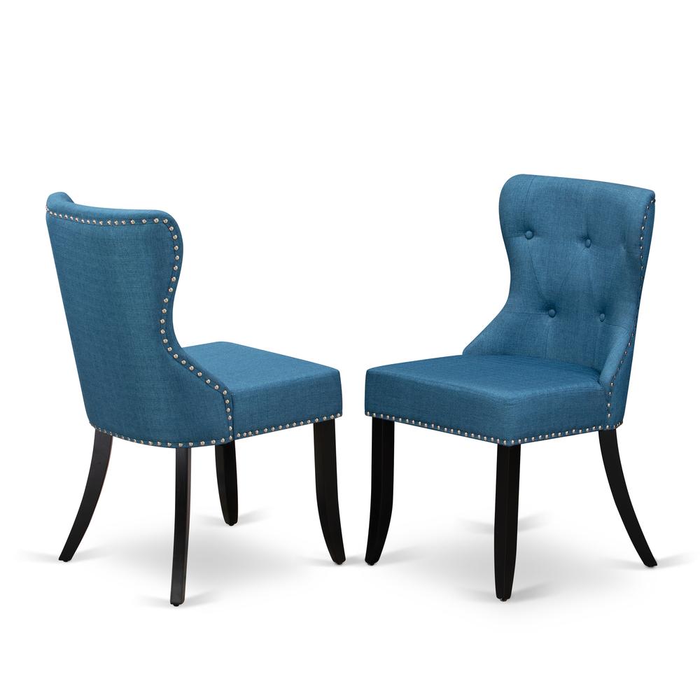 East West Furniture - Set of 2 - mid century Dining Chairs- Dinner Chairs Includes Black Wood Structure with Blue Linen Fabric Seat with Nail Head and Button Tufted Back