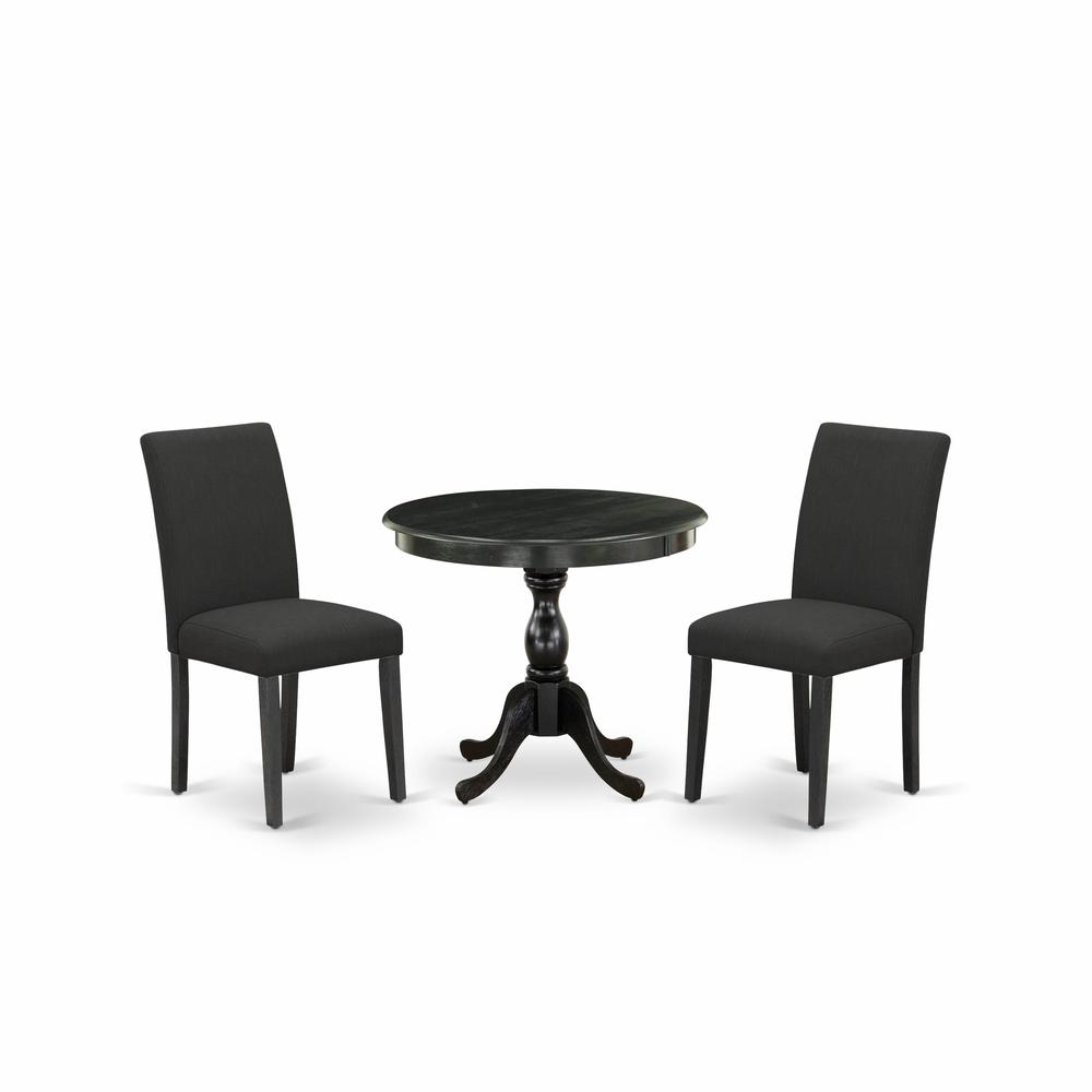 East West Furniture 3 Piece DINETTE SET Contains 1 Wooden Dining Table and 2 Black Linen Fabric Dinning Chairs with High Back – Wire Brushed Black Finish