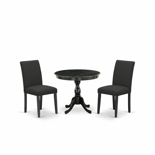 East West Furniture 3 Piece DINETTE SET Contains 1 Wooden Dining Table and 2 Black Linen Fabric Dinning Chairs with High Back – Wire Brushed Black Finish