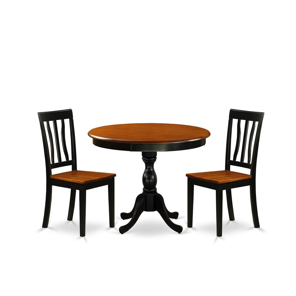 East West Furniture 3-Piece Kitchen Table Set Consist of Dining Room Table and 2 Kitchen Chairs with Slatted Back - Black Finish