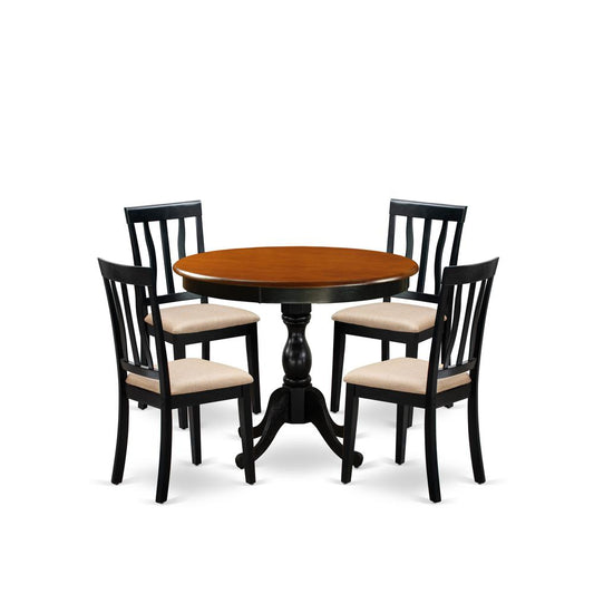 East West Furniture 5-Pc Modern Dining Table Set Consists of a Kitchen Dining Table and 4 Linen Fabric Dining Room Chairs with Slatted Back - Black Finish