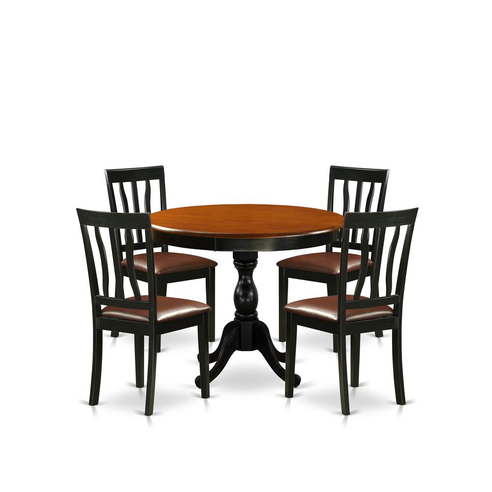 East West Furniture 5-Piece Dinning Table Set Consists of a Dining Table and 4 Faux Leather Kitchen Chairs with Slatted Back - Black Finish