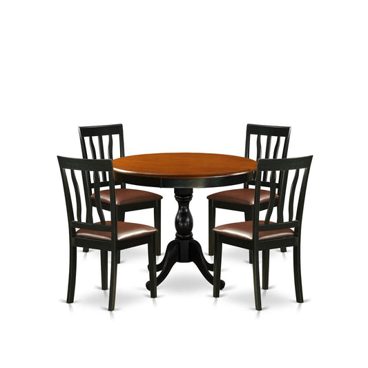 East West Furniture 5-Piece Dinning Table Set Consists of a Dining Table and 4 Faux Leather Kitchen Chairs with Slatted Back - Black Finish