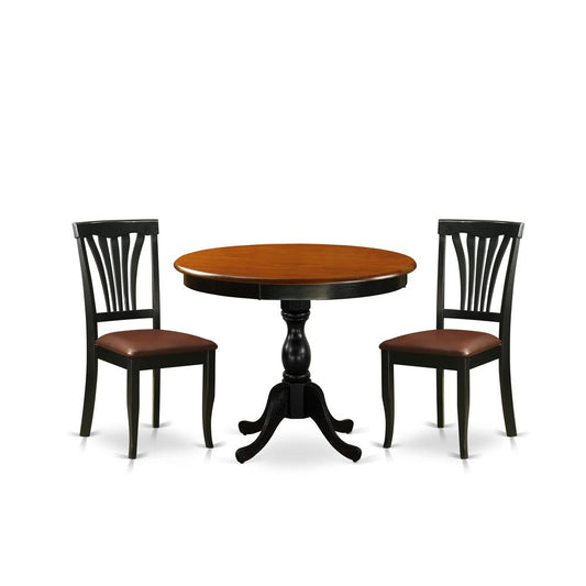 East West Furniture 3-Pc Kitchen Dining Table Set Includes a Wood Dining Table and 2 Faux Leather Dining Room Chairs with Slatted Back - Black Finish