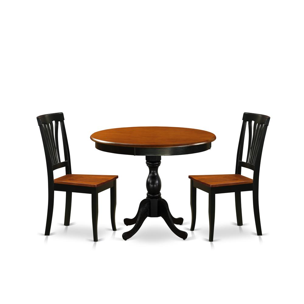 East West Furniture 3-Piece Table Set Contains a Kitchen Table and 2 Modern Dining Chairs with Slatted Back - Black Finish