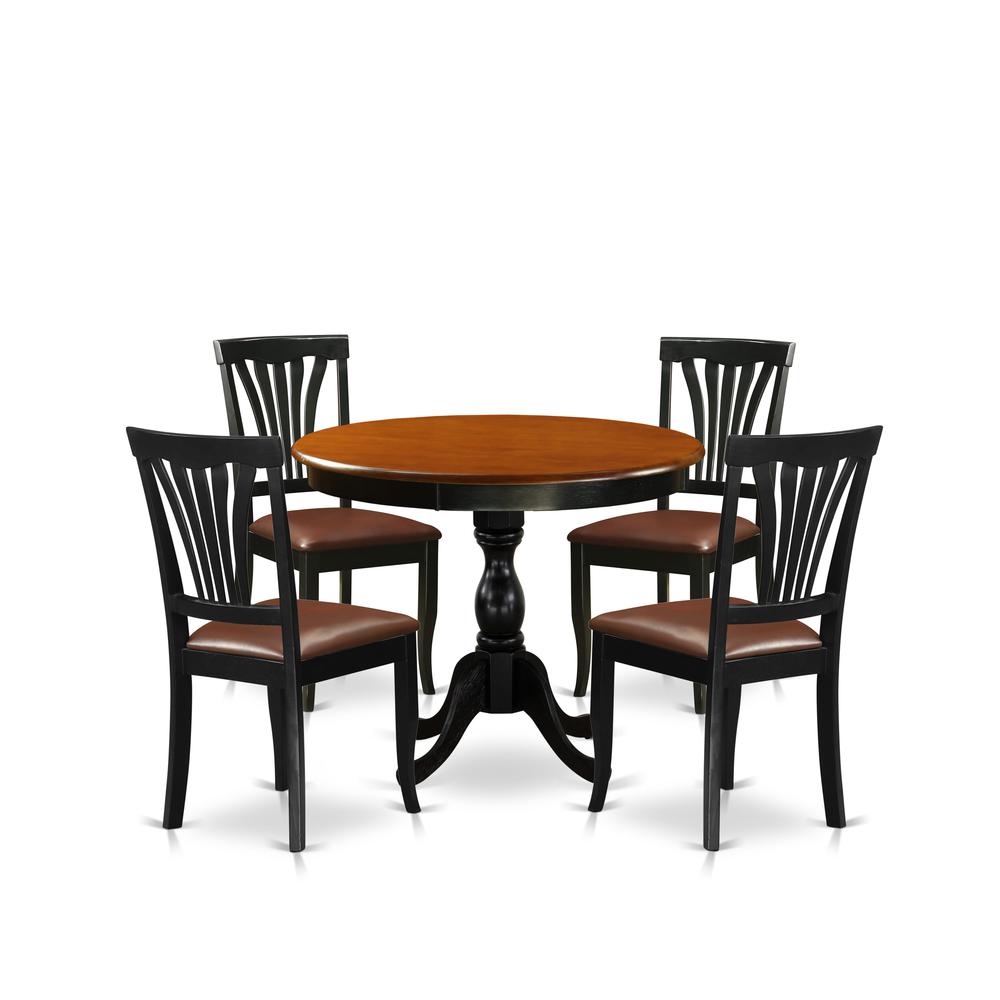 East West Furniture 5-Piece Dining Room Set Consists of a Mid Century Dining Table and 4 Faux Leather Dinner Chairs with Slatted Back - Black Finish