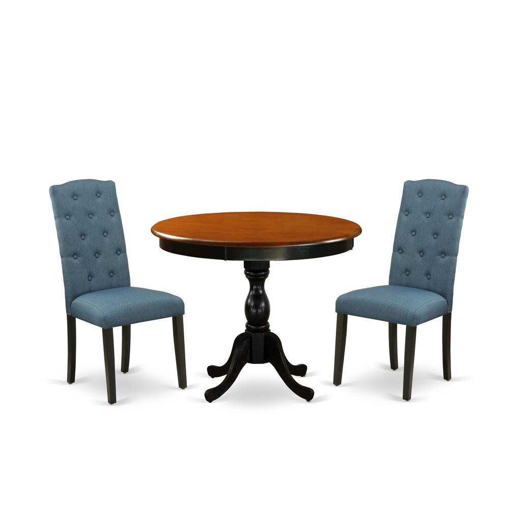 East West Furniture 3-Pc Dining Room Set Consists of a Dinette Table and 2 Blue Linen Fabric Mid Century Dining Chairs with Button Tufted Back - Black Finish