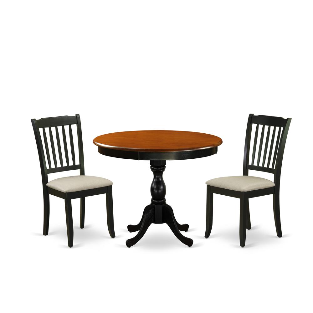 East West Furniture 3-Pc Dinning Room Set Includes a Wood Dining Room Table and 2 Linen Fabric Mid Century Dining Chairs with Slatted Back - Black Finish