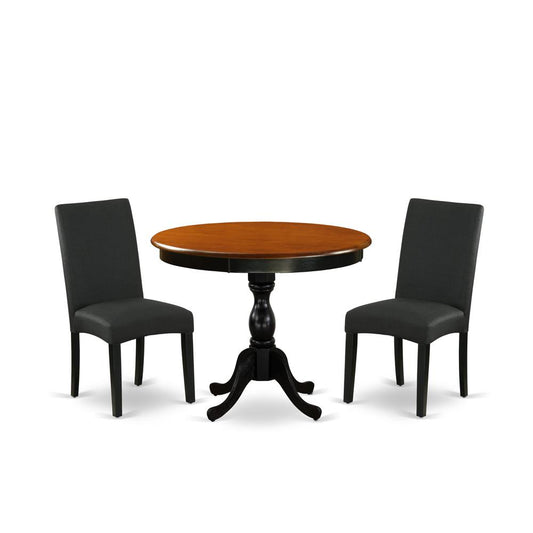 East West Furniture 3-Pc Dinner Table Set Contains a Round Dining Room Table and 2 Black Linen Fabric Parsons Chairs with High Back - Black Finish