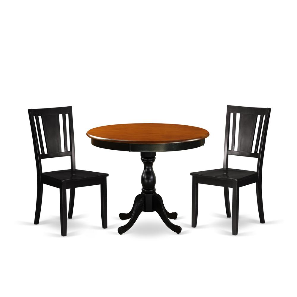 East West Furniture 3-Piece Modern Dining Set Consists of a Dinette Table and 2 Dinning Chairs with Panel Back - Black Finish