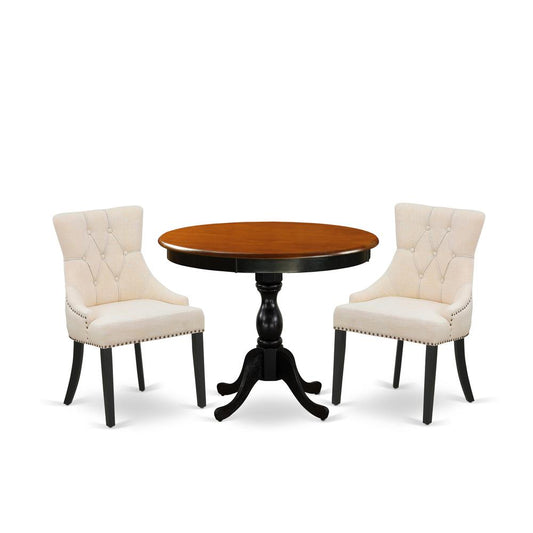 East West Furniture 3-Pc Dining Table Set Consists of a Kitchen Table and 2 Light Beige Linen Fabric Upholstered Chairs with Button Tufted Back - Black Finish