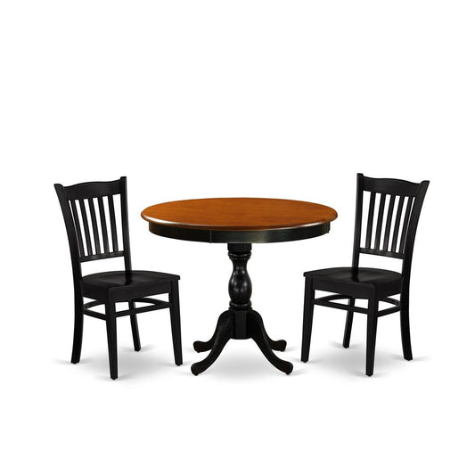 East West Furniture 3-Pc Kitchen Table Set Contains a Mid Century Dining Table and 2 Dining Room Chairs with Slatted Back - Black Finish