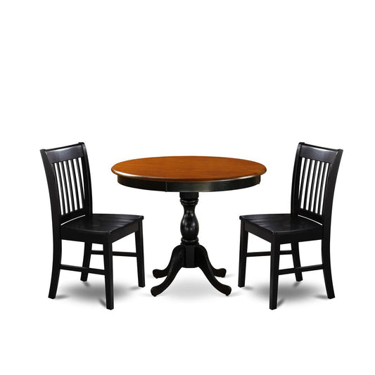 East West Furniture 3-Pc Round Table Set Contains a Modern Kitchen Table and 2 Wooden Dining Chairs with Slatted Back - Black Finish